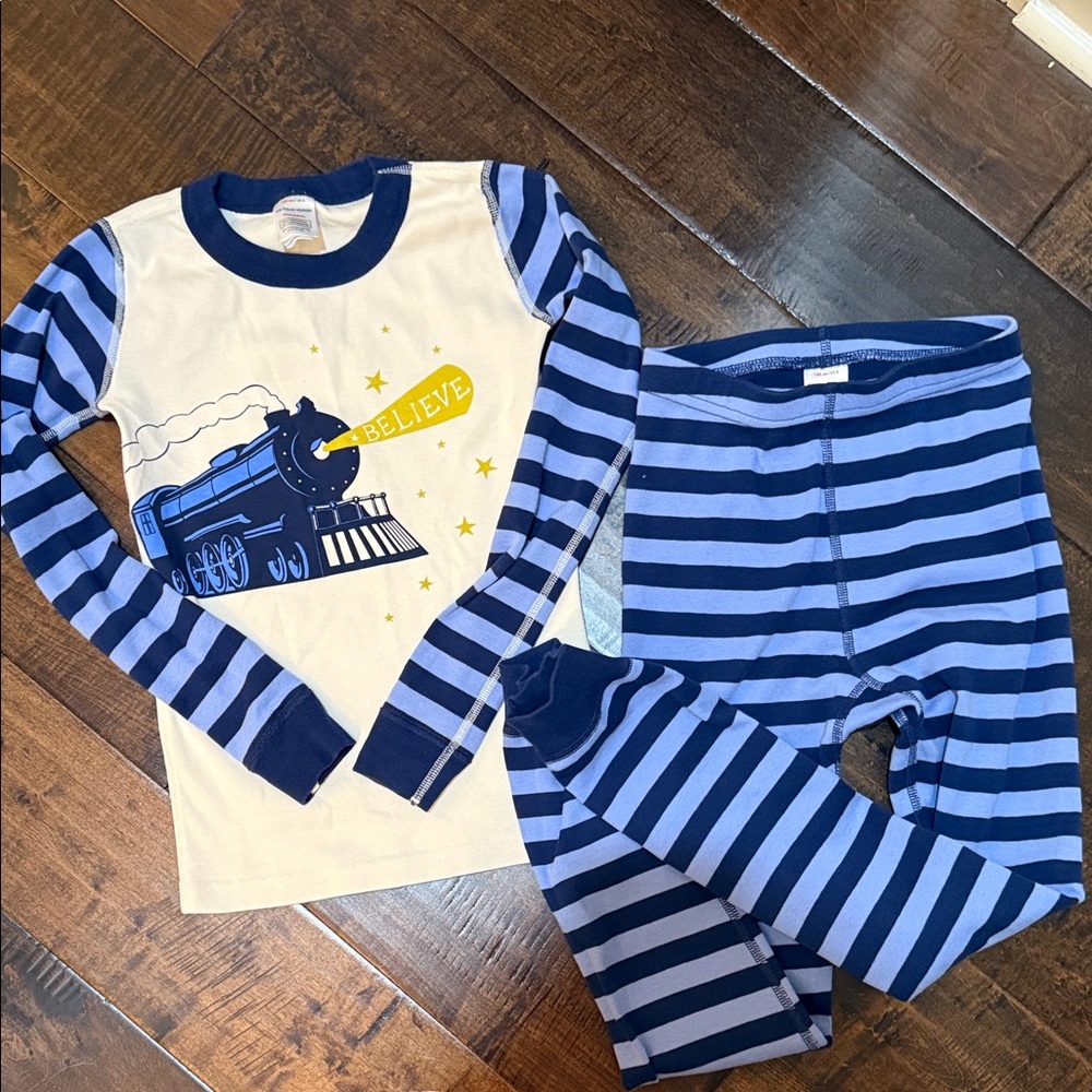 Hanna Andersson Blue Striped Train Pajama Set